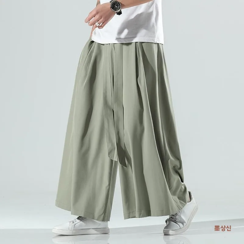 High Quality Men's Casual Loose Pants Ice Silk Wide Leg Trousers Chinese Style Vintage Tang Costume Hanfu Straight Leg Long