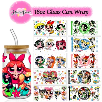 Powerpuff kızlar UV DTF kupası Wrap 16oz Libbey cam Can kendi başına yap çıkartma karikatür Selfadhesive yıkanabilir DIY çiçeği kabarcıklar Buttercup