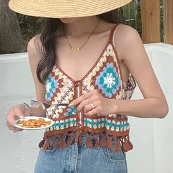 Colorful Patched Crochet Knit Cami Top Fringed Strap Crop Tank Top for Women Teengirl Summer Boho Vacation Beach Wear