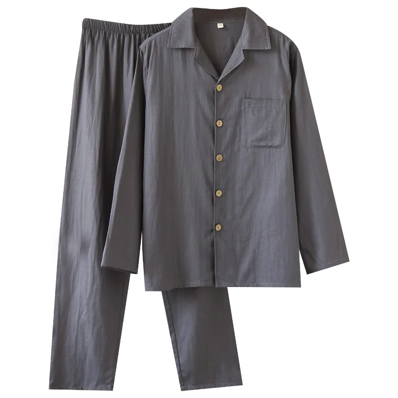 2025 봄과 가을 신상 남성 파자마 세트 100% 면 거즈 단색 대형 사이즈 긴팔 홈웨어 투피스 세트