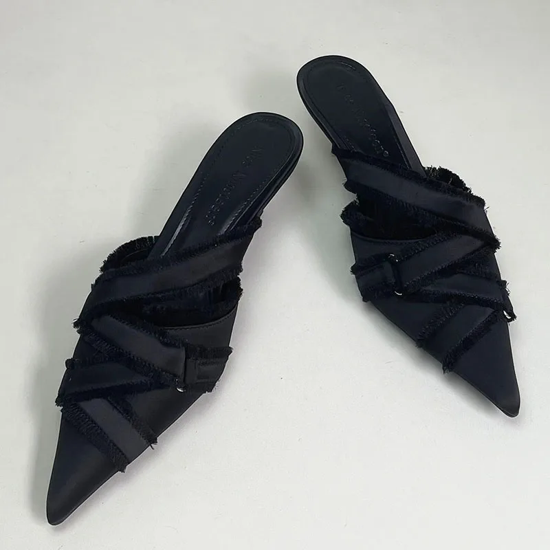 Pointed Toe Footwear Black Ladies Thin Heels Pumps Shoes Luxury Fashion Shallow Female Weave Medium Heels Shoes Women Mules