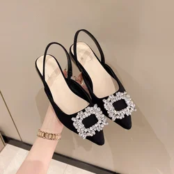 Sandalias de tacón medio con diamantes de imitación para mujer, zapatos transparentes, Punta cerrada, color negro, estilo Gladiador, Primavera, 2023