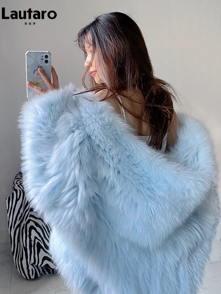 Lautaro ฤดูหนาวขนมีขนหนานุ่มสี Faux Fur Jacket ผู้หญิง Hood ค้างคาวหลวมสบายๆเสื้อผ้า