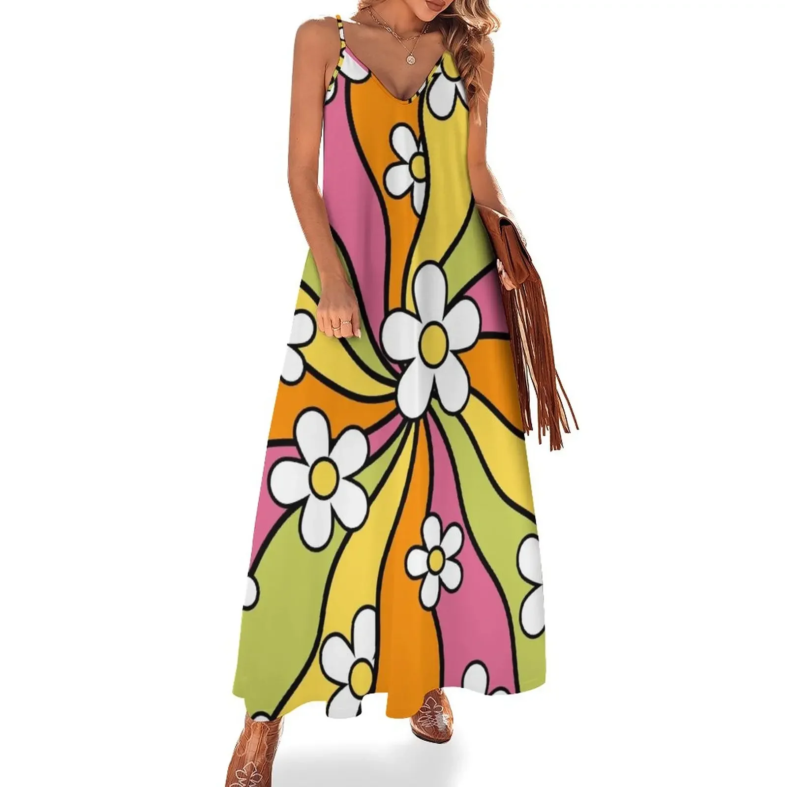 

Wavy Daisies Pattern Sleeveless Dress womans clothing summer dress