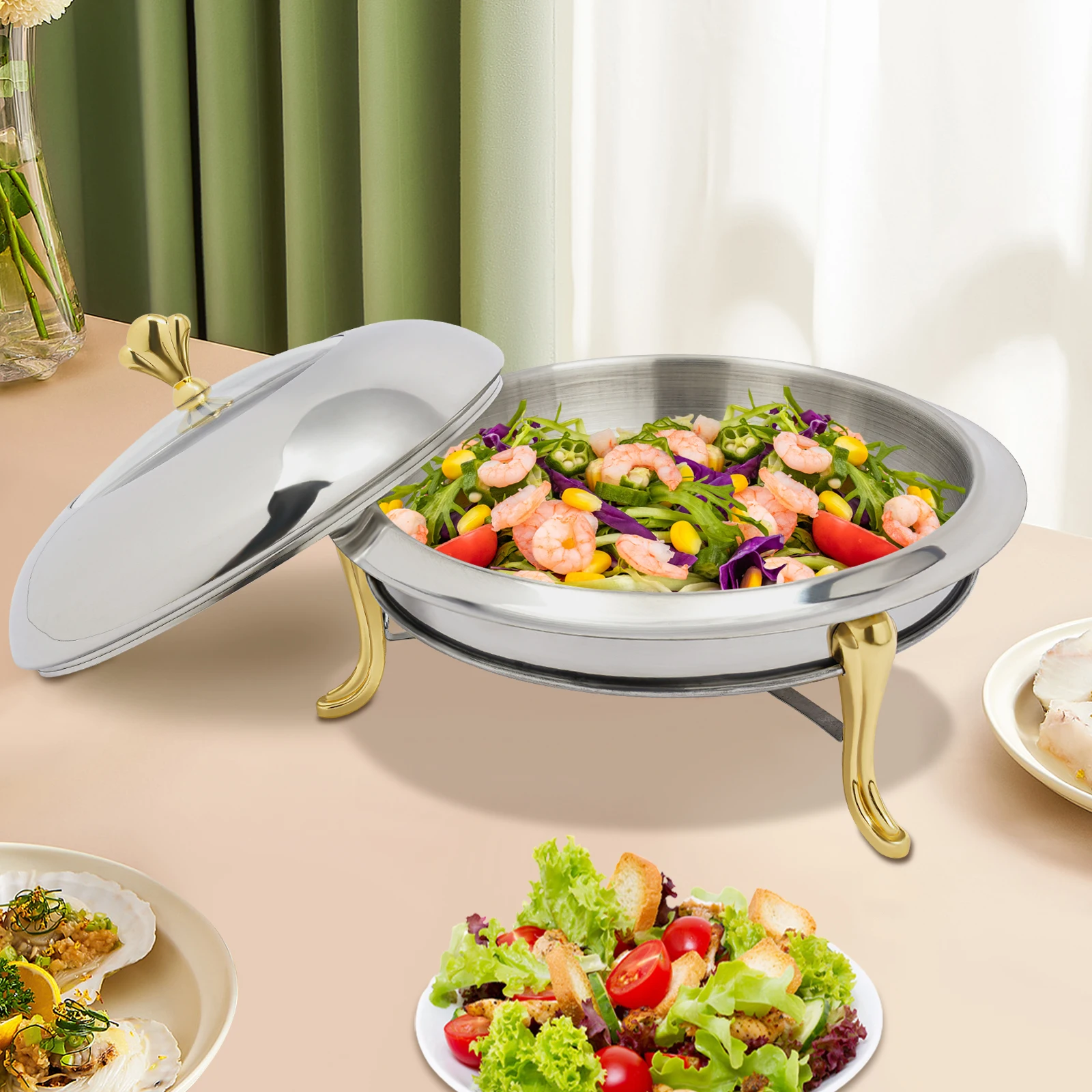 

24cm Round Gold Crown Buffet Stove - Stainless Steel Alcohol Burner Warmer - No-Ear Design Serving Plate for Banquets, Weddings