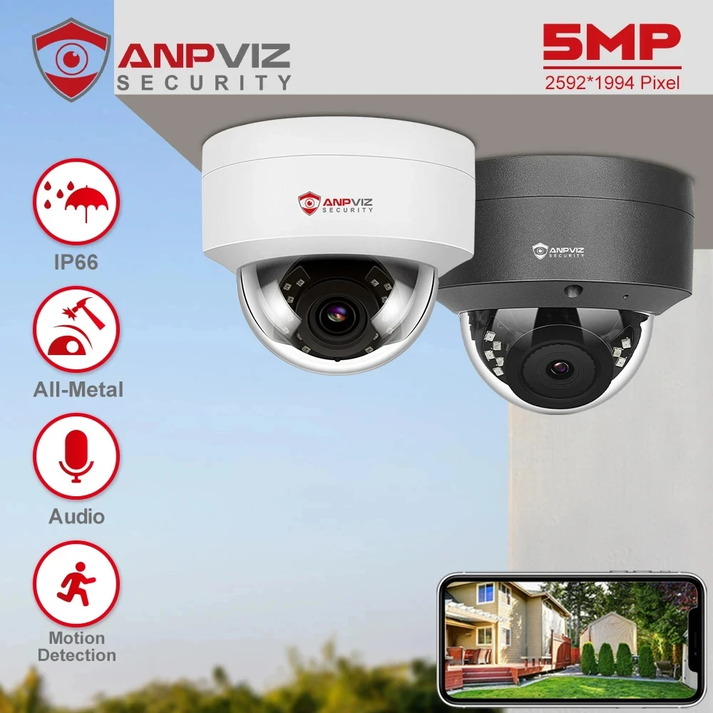

Anpviz 5MP IP Camera Outdoor POE Dome Security Protection Built-in Microphone IP66 IR 30m CCTV Video Camera H.265 VideoLink APP