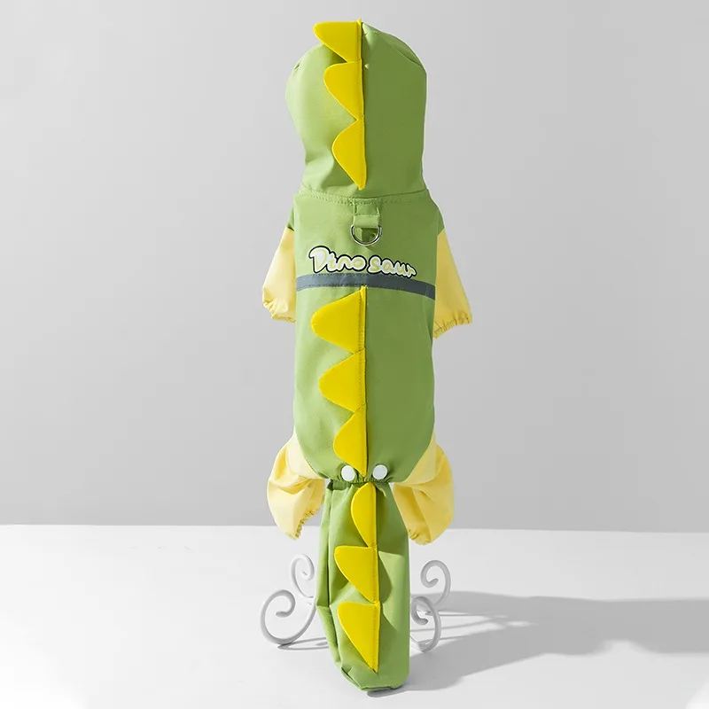 تيدي لطيف ديناصور معطف واق من المطر المقاود بيشون فريز أربعة أرجل ملابس مقاومة للماء الحيوانات الأليفة المطر عاكس هوديي