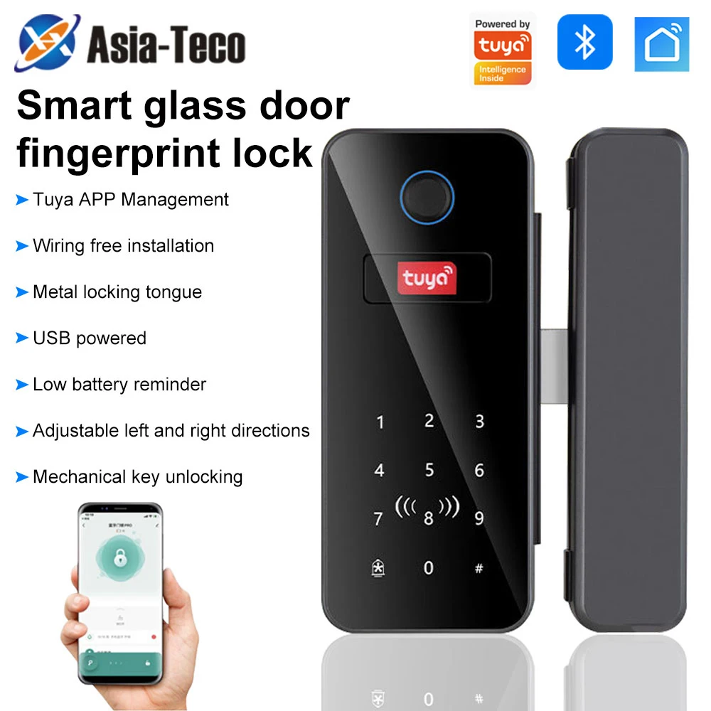 Support Tuya app intelligent lock glass door password fingerprint unlock biometric office door lock optional gateway networking