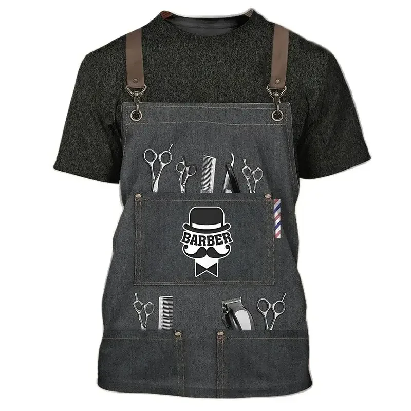 Barber Professional Overalls Printed Men And Women Vintage Round Collar Short Sleeve Street Hip Hop Fun T-shirt Summer Tops New