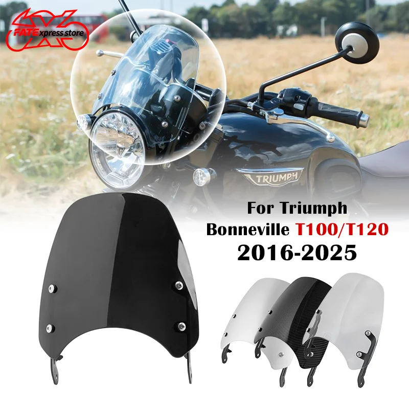 

For Triumph Bonneville T100 T120 T 100 120 Motorcycle Windshield Windscreen Fly Screen Shield Wind Deflector 2016-2025 2024 2023