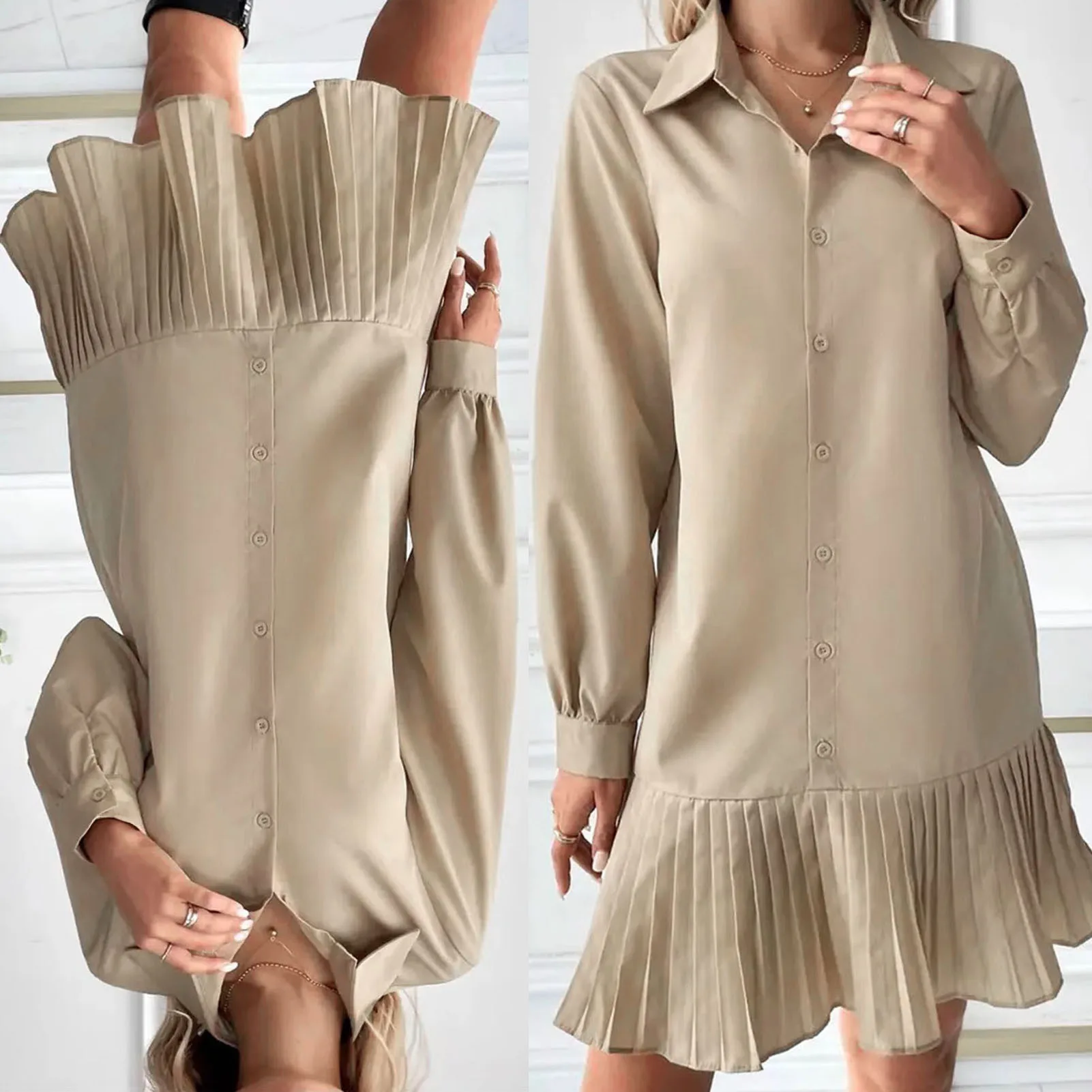 فستان قميص نسائي بأزرار لأعلى وأكمام طويلة مطوي ومرقعة فستان كاجوال بياقة على شكل طية صدر السترة فستان قصير