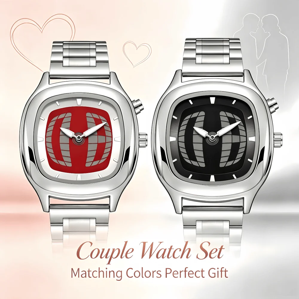 PAAZOMU Red‑Black Couple Pair Watch Luminous Waterproof Stainless Steel Band Square Quartz Wrist Watch for Lovers view 5