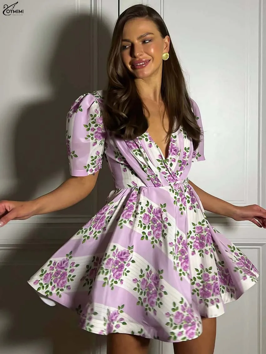 

Oymimi Fashion Purple Print Womens Dresses Elegant V-Neck Short Sleeve High Waist Dresses Autumn Pleated Mini Dress Streetwear