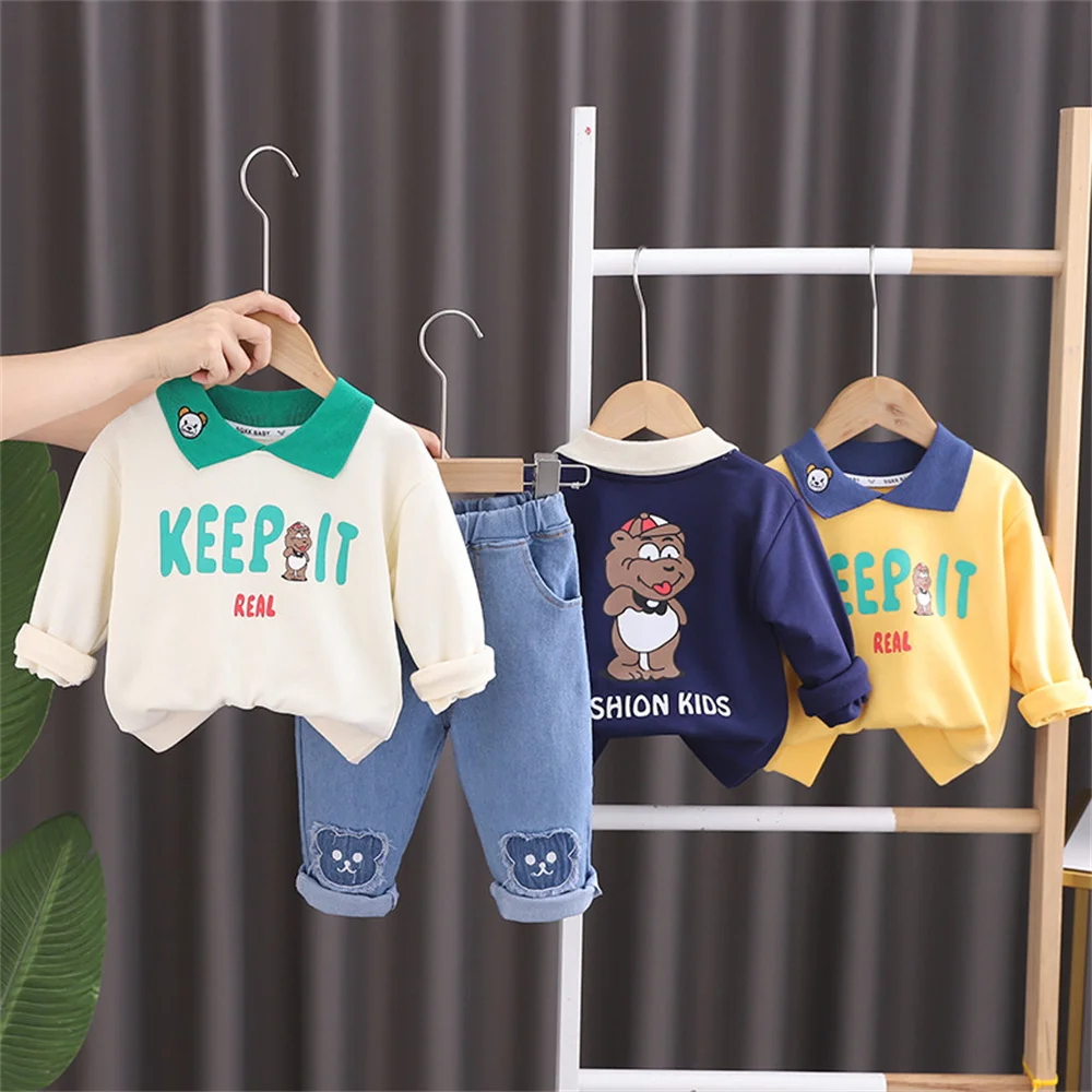 

Children's Soft Cotton Baby Clothes Set Toddler Boys 2PCS Tracksuit Long Sleeve Letters Print Sweatshirt Tops+ Jeans Pants Suit