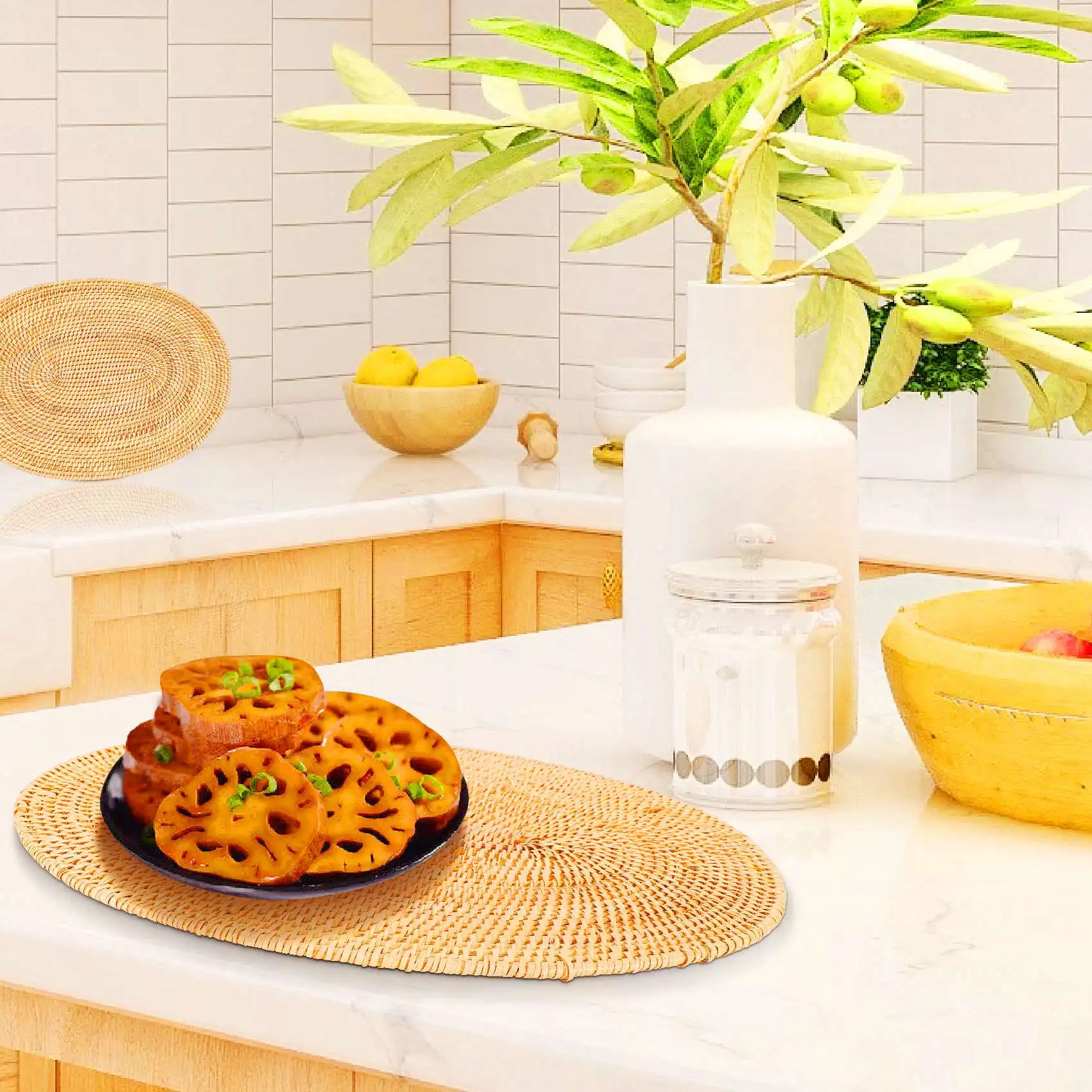 ABLQ 2 Pcs Oval Rattan Placemat,Natural Rattan Hand-Woven,Tea Ceremony Accessories,Suitable For Dining Room, Kitchen,Etc