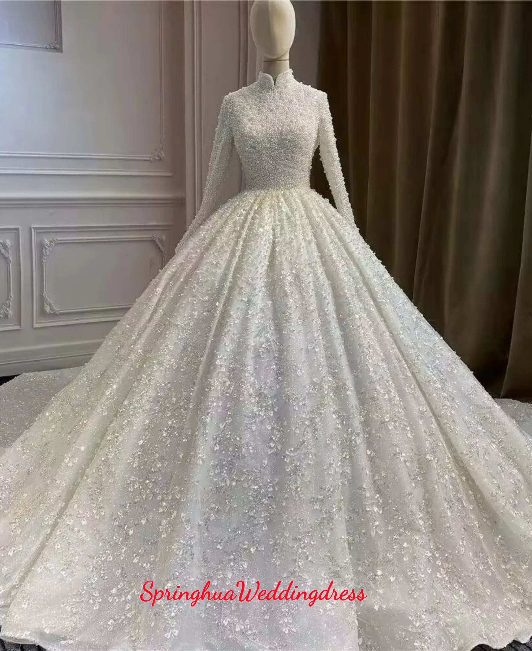 Customzied Sequins Pearls Wedding Dress High Neck Long Sleeves Bridal Gown Ball Gown Sweep Train Dress high-end Vestido De Novia