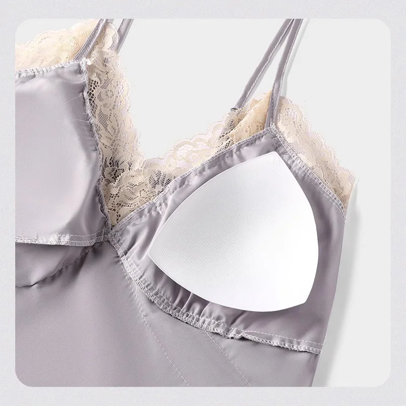 Damen Sexy Satin Pyjama Set Spitzenbesatz Cami Top Shorts Lingerie Nachtwäsche Seidig Schwarz Creme V-Ausschnitt Spaghetti-Träger Zweiteiliges Set – Detail 15