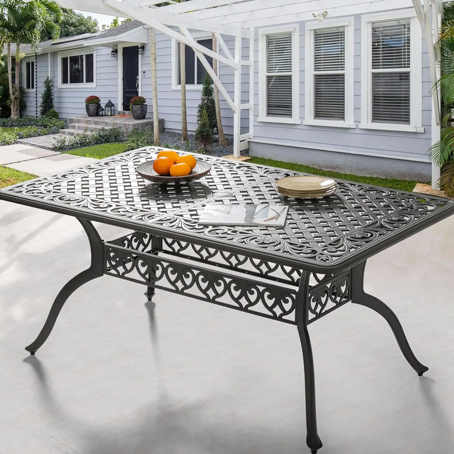 NUU GARDEN 60 inch umbrella hole cast aluminum outdoor dining table, rectangular dining table for 6-8 people,