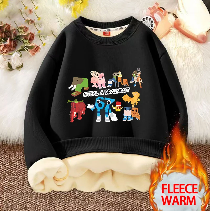 

67 Children Fleece Hoodie Steal A Brainrot Six Seven Boy Girl Sweatshirt Cartoon Comfortable Top Streetwear Winter Warm Clothing