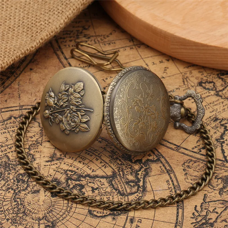 Steampunk Engraved Rose Flower Pattern Women Lady Quartz Pocket Watch Full Hunter Case Clock with Sweater Necklace Chain Reloj