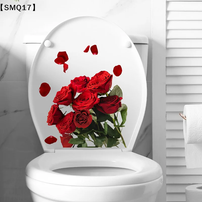 Rose Toilet Seat Sticker Red Flower Toilet Lid Decal DIY Removable Watercolor Bouquet Toilets Stickers For Cistern Bathroom【SMQ】