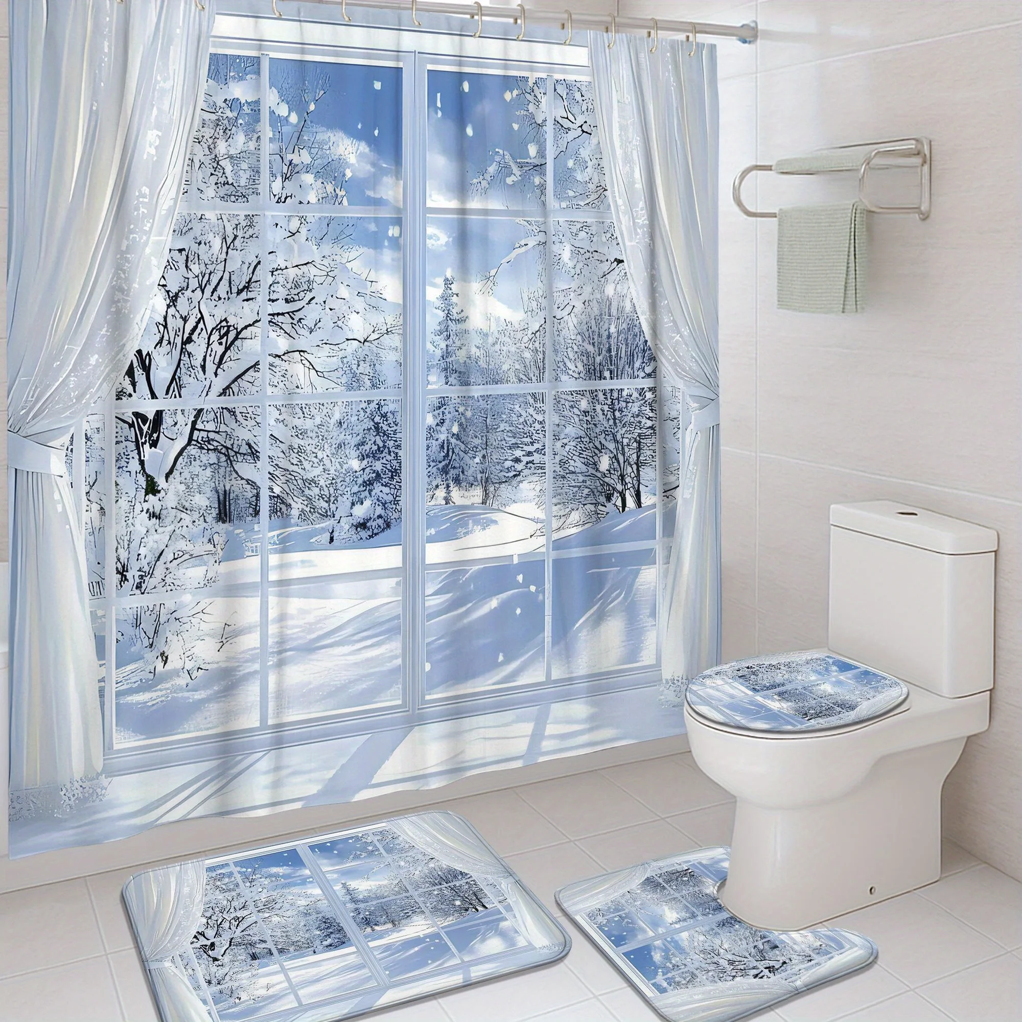 

4Pcs Xmas Bath Set, Snowy Tree Window Scene, White Shower Curtain, Holiday Decor, 12 Hooks, Non-Slip U-Shaped Toilet Cover