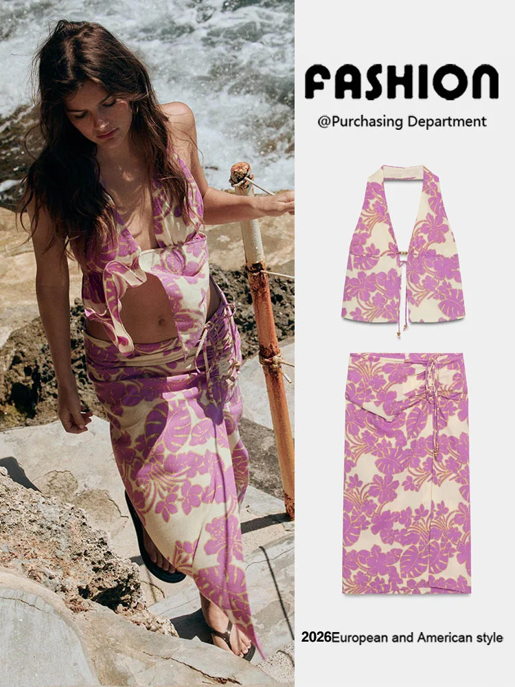 

Summer New Arrival Women's Halter Neck Top And Skirt Set Slim Fit Sleeveless Regular Length Chinese Style Fashionable Ensemble