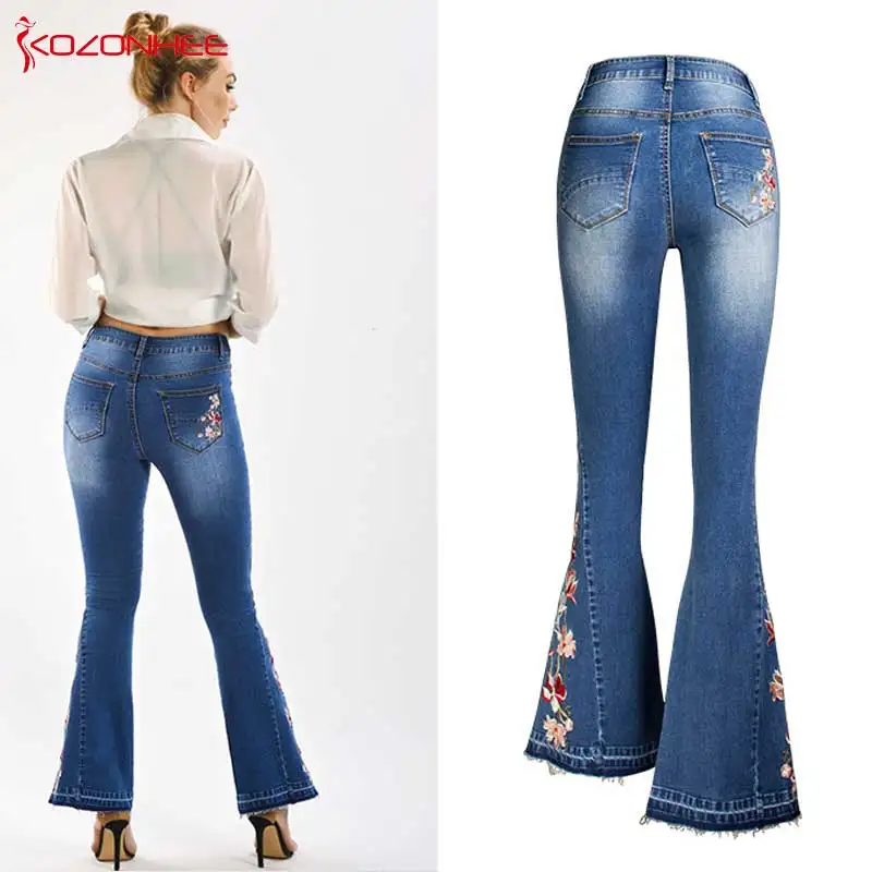 Jean extensible bleu foncé pour femme, broderie évasée, élastique, ourlet, grande taille #08