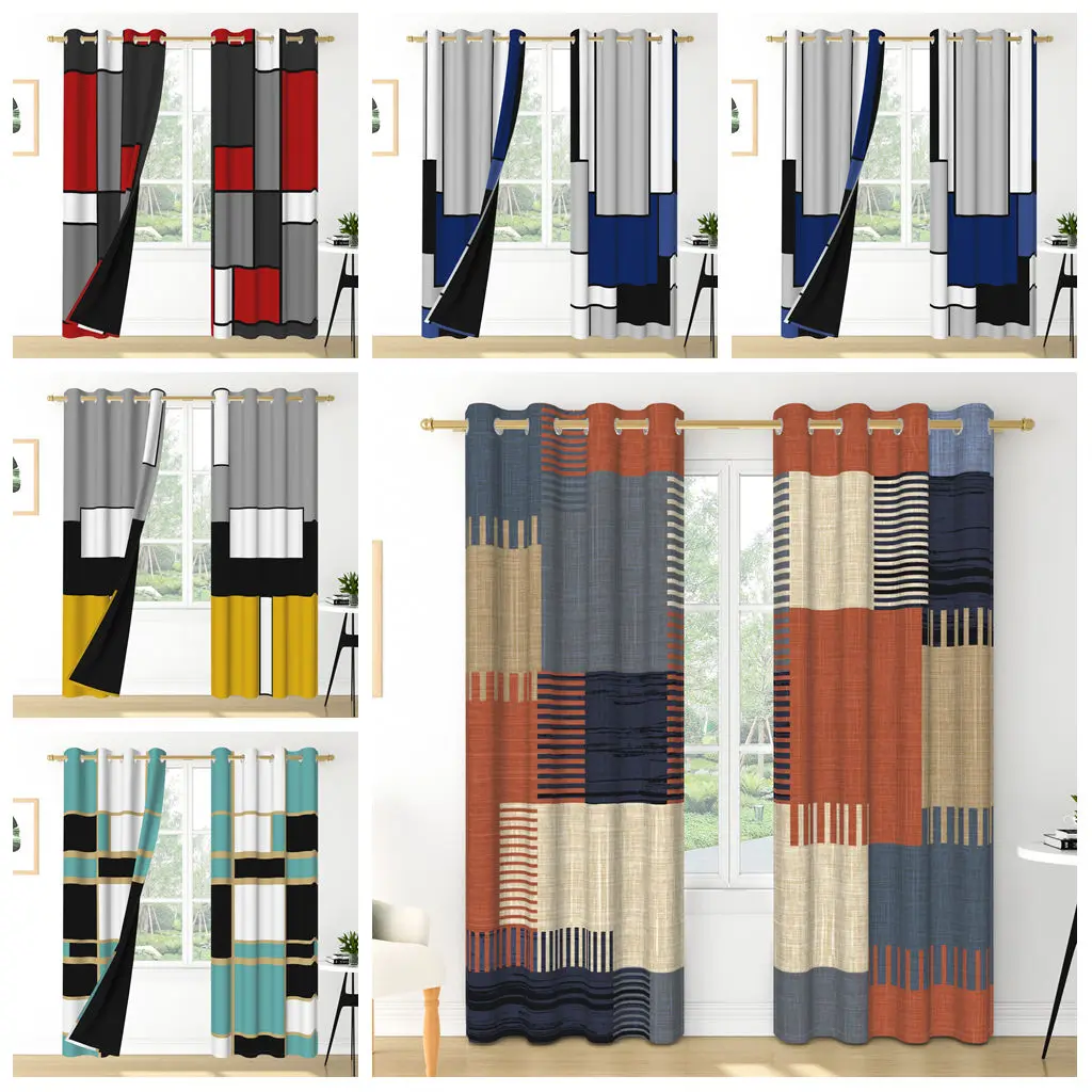 2pcs/set Abstract Geometry Window Curtain Modern Splicing Printed Curtains Bedroom Living Room Decor Blackout Polyester Curtain