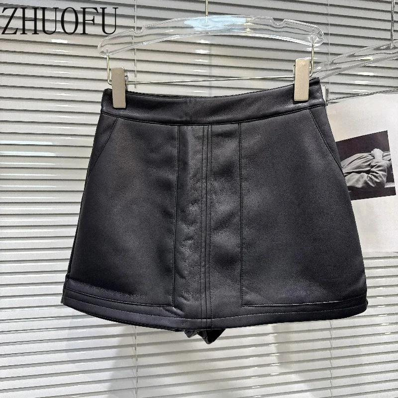 Women Faux Leather High Waist Solid Black PU Stitched A-line Mini Short Casual Ladies Skirts Built-in Shorts 2026 Autumn New