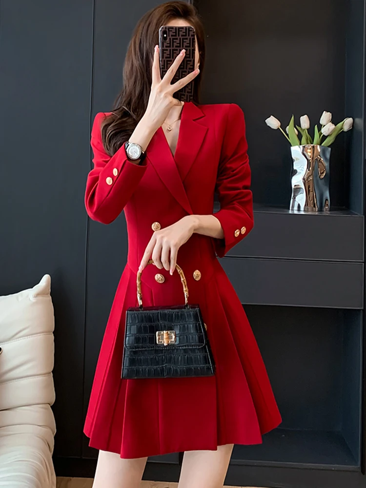

Red Suit Dress Women's High Waist Pleated Double Breasted Autumn Winter Fashion Elegant Goddess Style A-Line Midi Dress