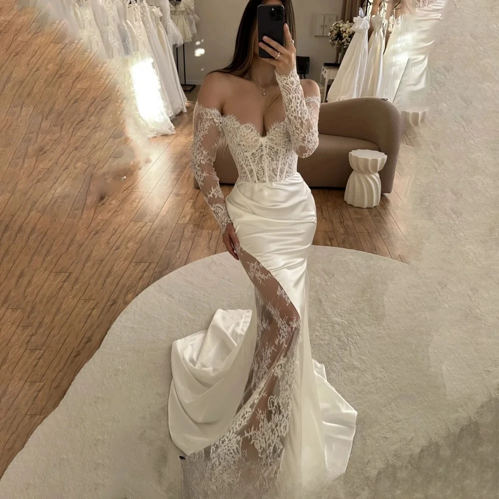 Sexy See Through Mermaid Wedding Dresses Elegant V-neck High Split For Women Charming Lace Bridal Gowns Vestidos De Novia