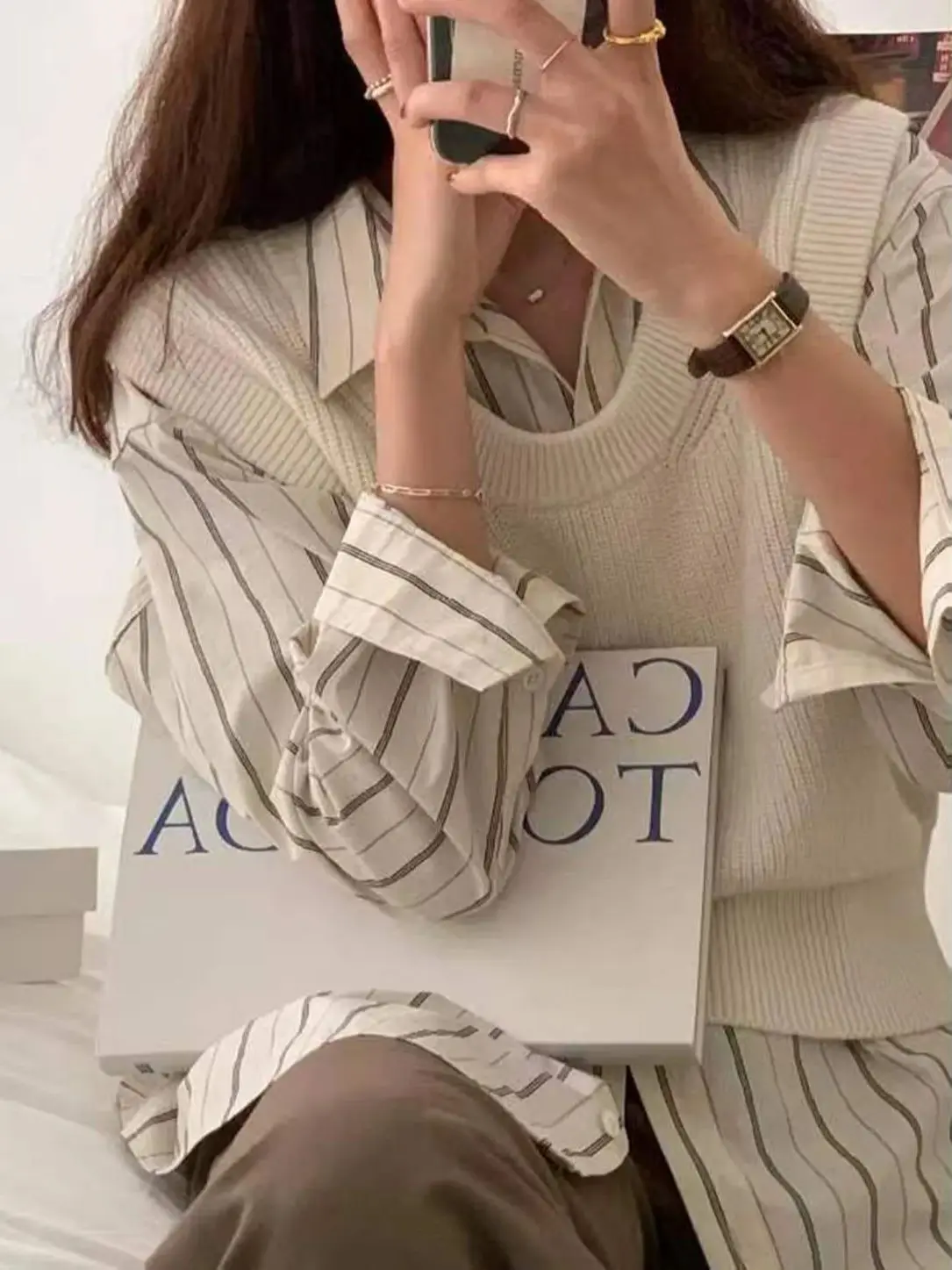 Apricot Blouse Women Spring Long-sleeved Striped Top Basic Blouses For Woman Casual Ladies Shirts Korean Fashion Female Clothes