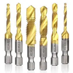 6Pcs Drill Tap Set, Combination Taps Drill Bit Set, M3 M4 M5 M6 M8 M10 Hex Shank HSS Screw Thread Metric Compound Tap Drill Bits
