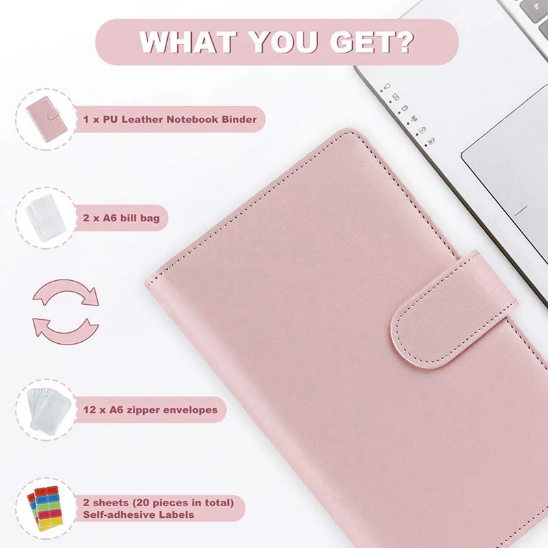 Горячий TTKK 2 комплекта 14 пакетов для папок формата А6 с кожаной крышкой, 6-кольцевая бюджетная папка с денежным конвертом, папка, розовая и фиолетовая
