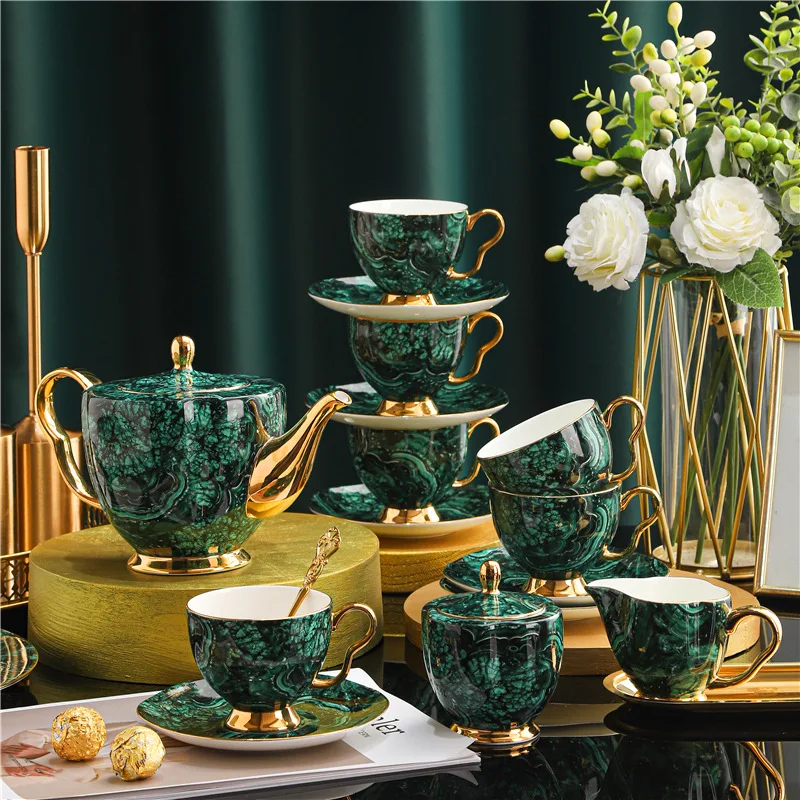 European Luxury Ceramic Coffee Set Sapphire Green with Gold Rim Includes Cup Saucer for Afternoon Tea Flower Tea Comes Gift Box 3