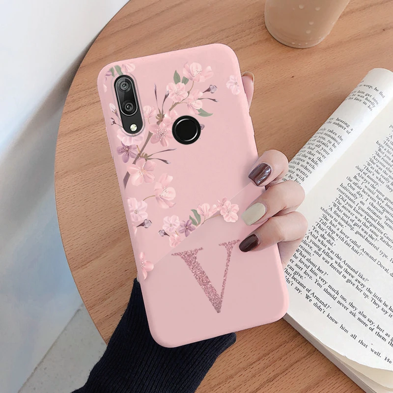 Initial Letter Silicone Phone Case For Huawei Y7 Prime 2019 Shell Retro Pink Flower Soft TPU Back Cover For Huawe Y7 2019 Capa