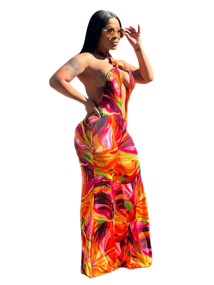 

Printed Crop Top Jumpsuit Women's Street Sle Low Waist Wide Leg Pants Bal Strapl Thin Polyester Summer Faion