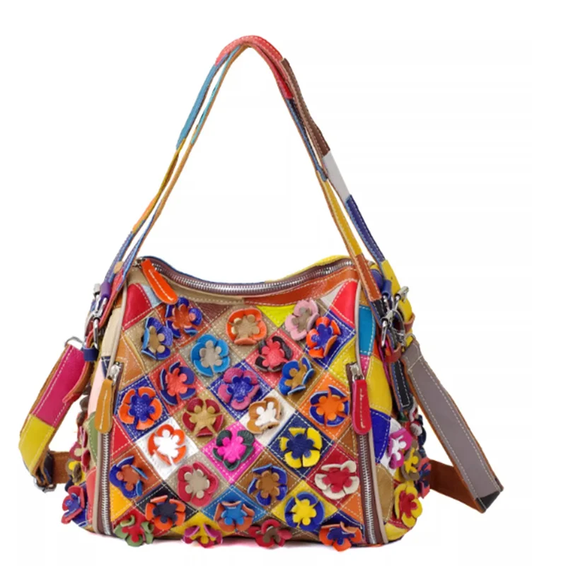 

Модная сумка из натуральной воловьей кожи с разноцветным цветочным узором и клетчатым дизайном, контрастная, на одно плечо и через плечо