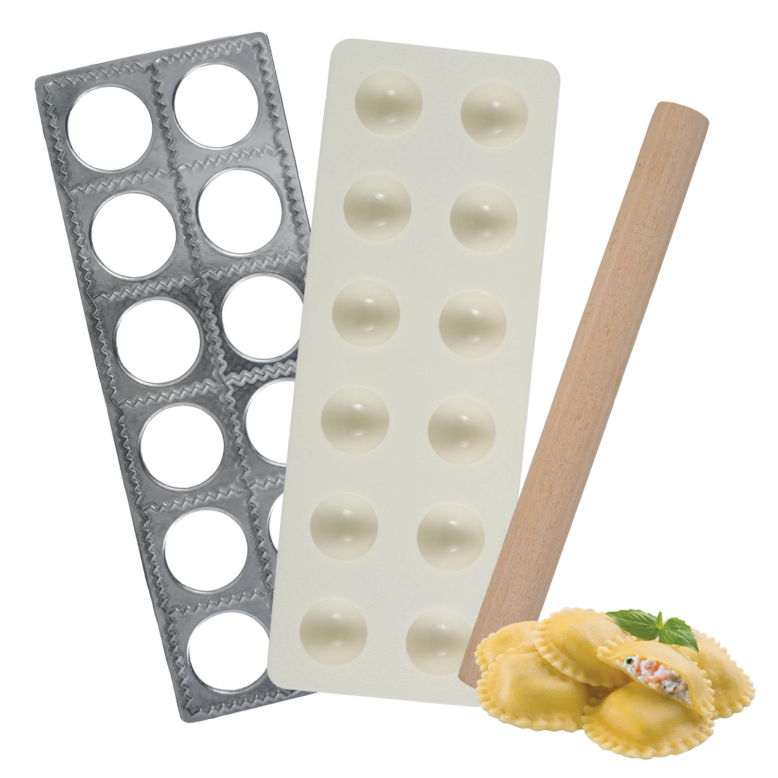 

12 Holes Aluminum Alloy Ravioli Maker Ravioli Tray Dumpling Mold Set with Rolling Pin Homemade Ravioli Maker Press Kitchen Tool