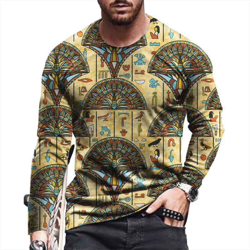 Ancient Egyptian 3D Print Autumn Men\'s O-Neck T-shirt Casual Long Sleeve Oversized Pullover Fashion Tops Streetwear Men Clothing