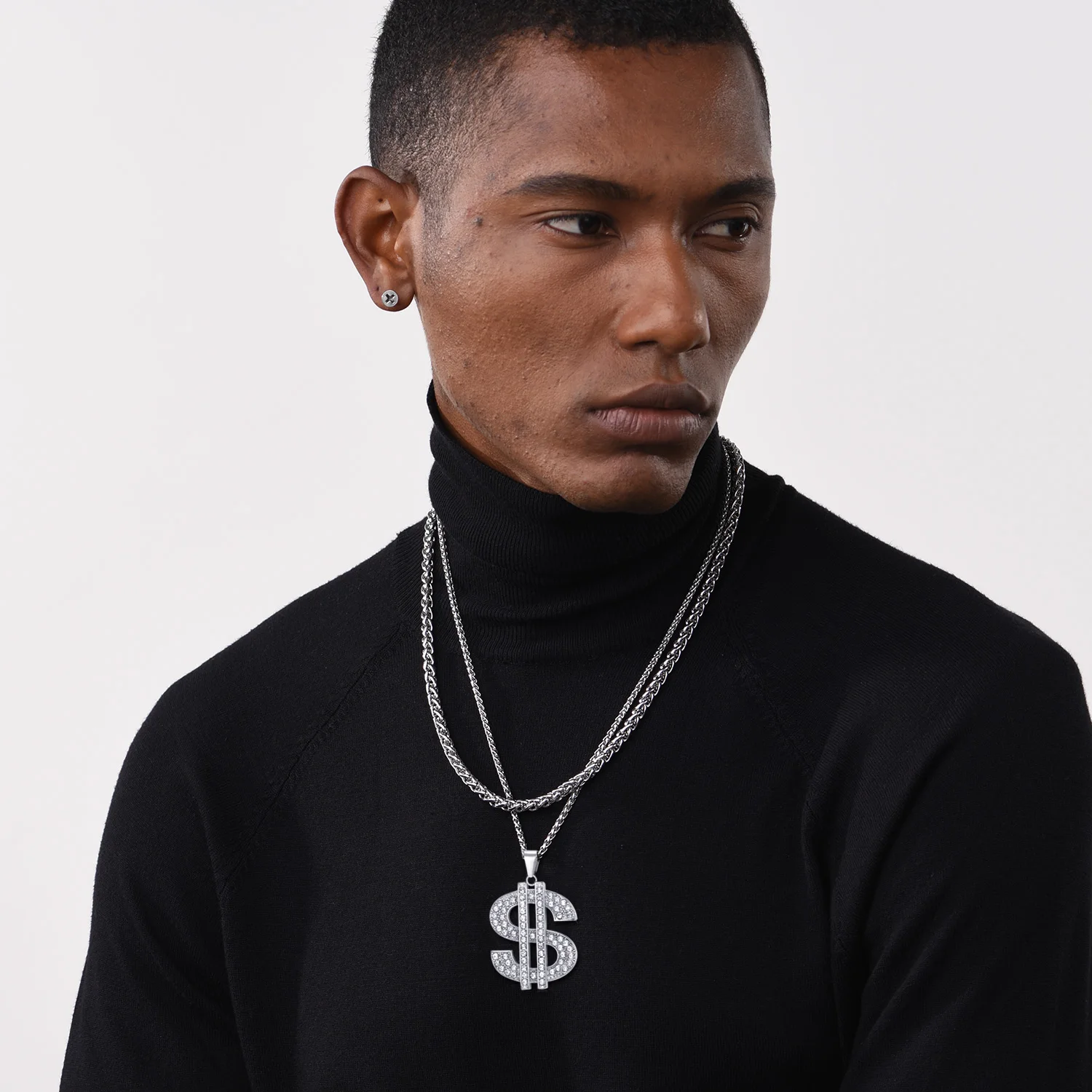 U7 US Dollar Sign Necklaces for Man Woman White CZ Paved Setting Size S/M/L Dollar Sign Pendant Gothic Hip Pop Jewelry Gift