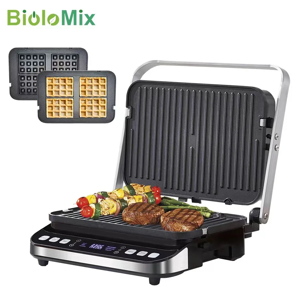 Parrilla de bistec automática profesional de 220V, con múltiples funciones y prensa eléctrica Panini para uso comercial y doméstico