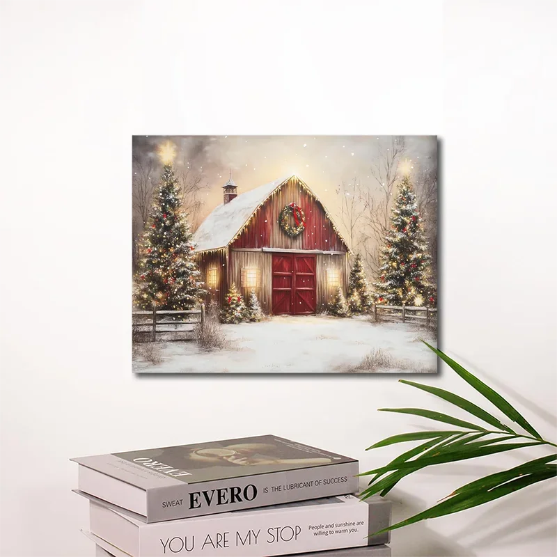 1PC Charmante Rode Schuur Kerst Canvas Schilderij Houten Frame Winter Feestelijke Gedenkteken Wanddecoratie voor Woonkamer