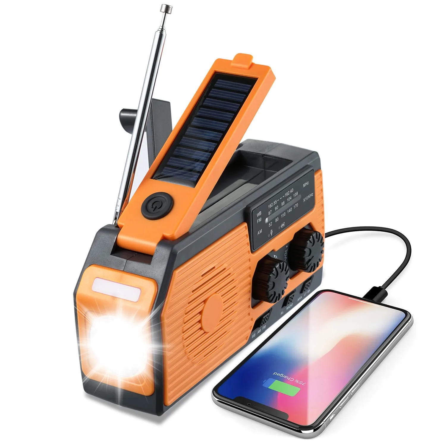 

Emergency Solar Power Hand Crank Dynamo Flashlight Wind Up Pocket Camping SOS Siren Manual Phone Charger Weather Band Radio