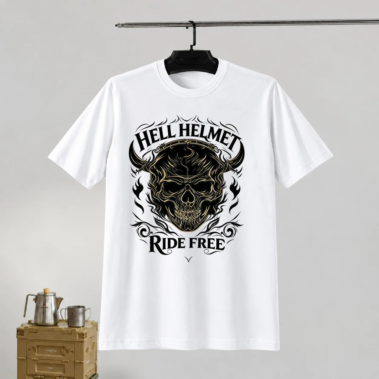 Vintage Hell Helmet Ride Free Skull Graphic Tee Men Biker Motorcycle Rock Streetwear 100% Cotton O‑Neck Short Sleeve T‑Shirt