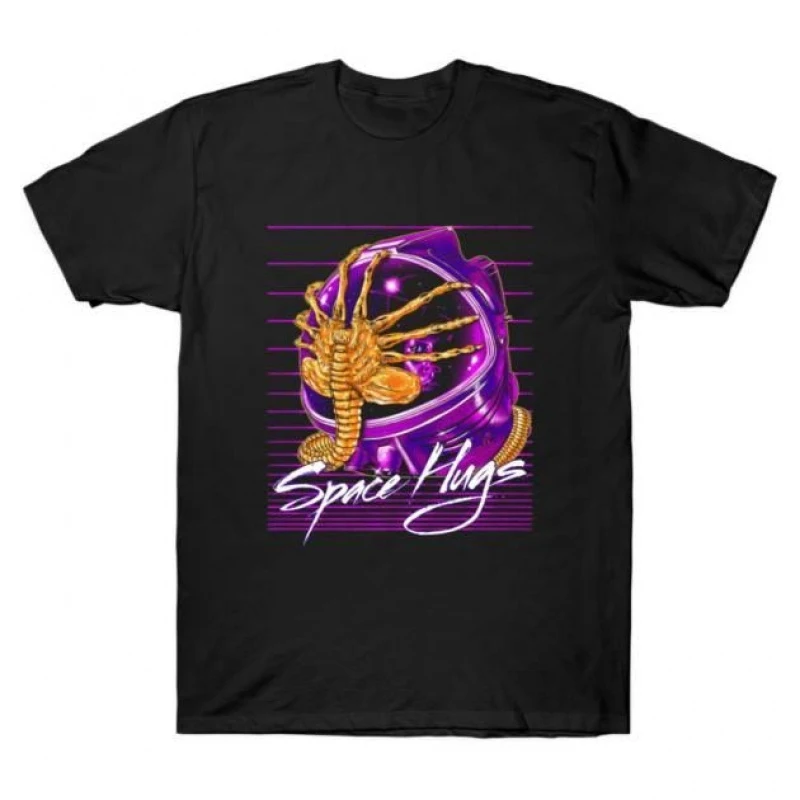 

Space Hugs 80s Monster Hunter Sci-Fic Alien Gift T-Shirt 100% cotton printed tee Short Sleeve Graphic clothes All size tops