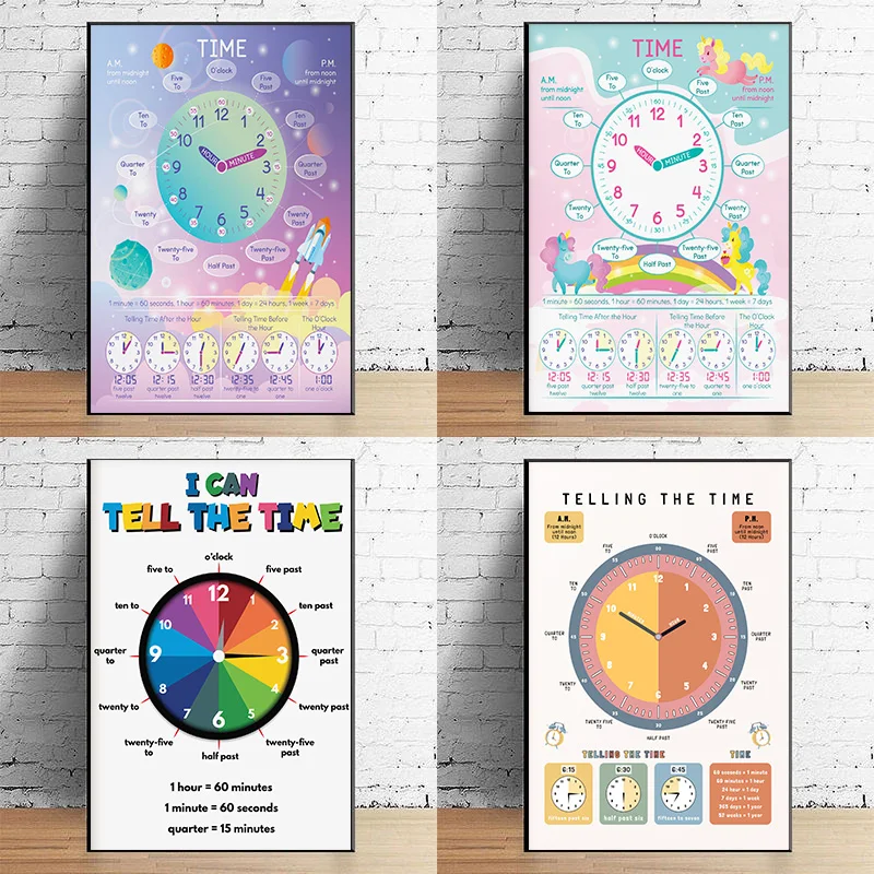 Telling The Time Rainbow Kids Clock Montessori Homeschool Educational Poster Wall Art Pictures Canvas Painting Room Home Decor