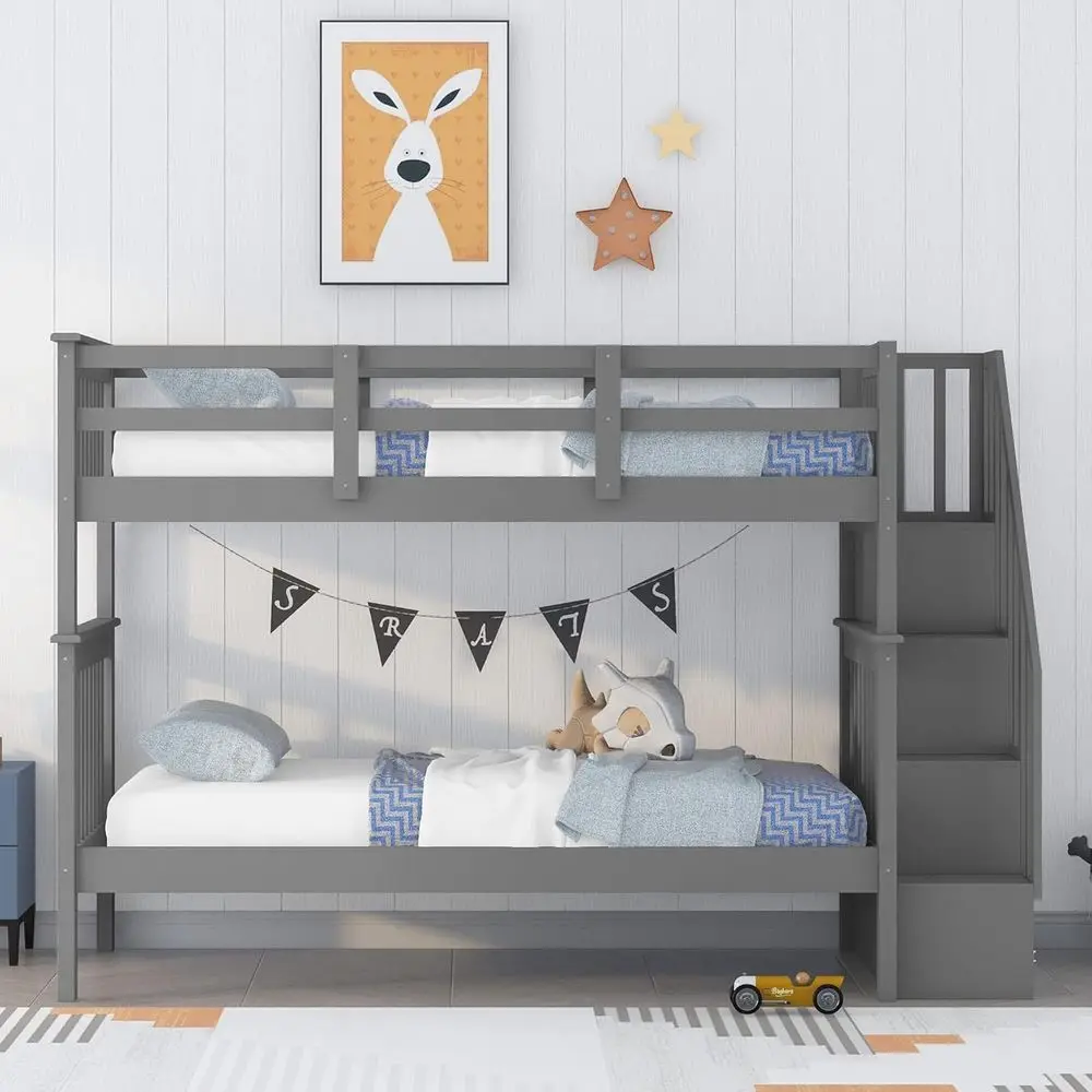 

Twin Over Twin Staircase Bunk Bed with Storage, High Guardrail, Suitable for Kids, Teens, Adults, Gray, Space-Saving Design