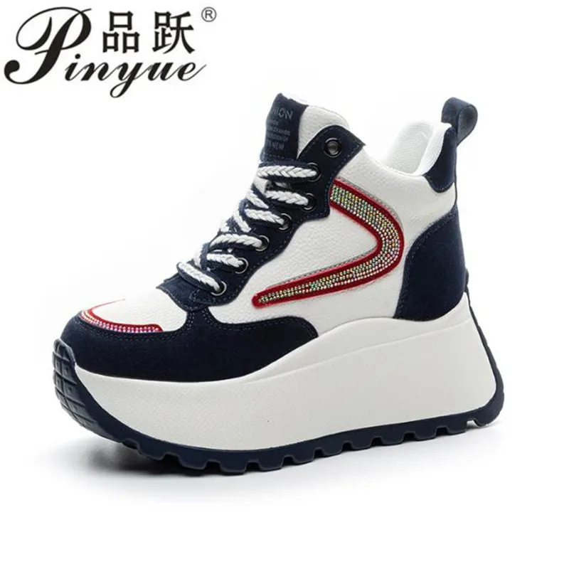 

8 см, женские весенне-осенние массивные кроссовки на танкетке из натуральной кожи высшего качества, дышащие удобные вулканизированные ботинки